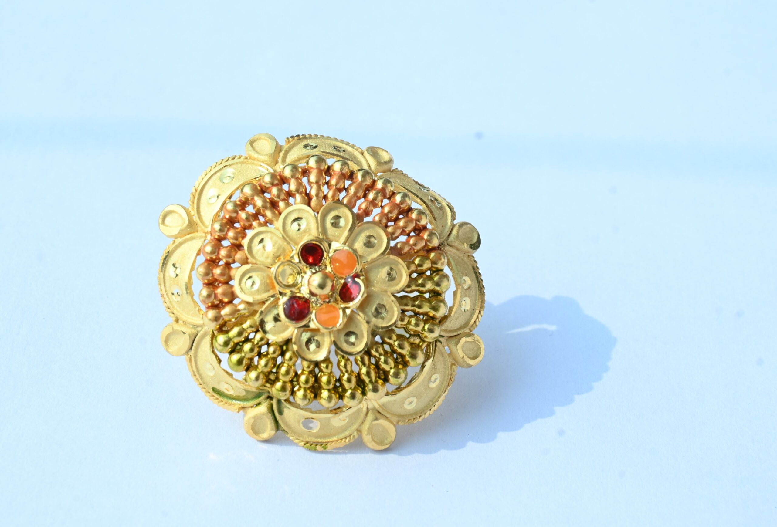 Ruby Colour Stone Gold Plated Handcrafted Temple Ring – Maharani